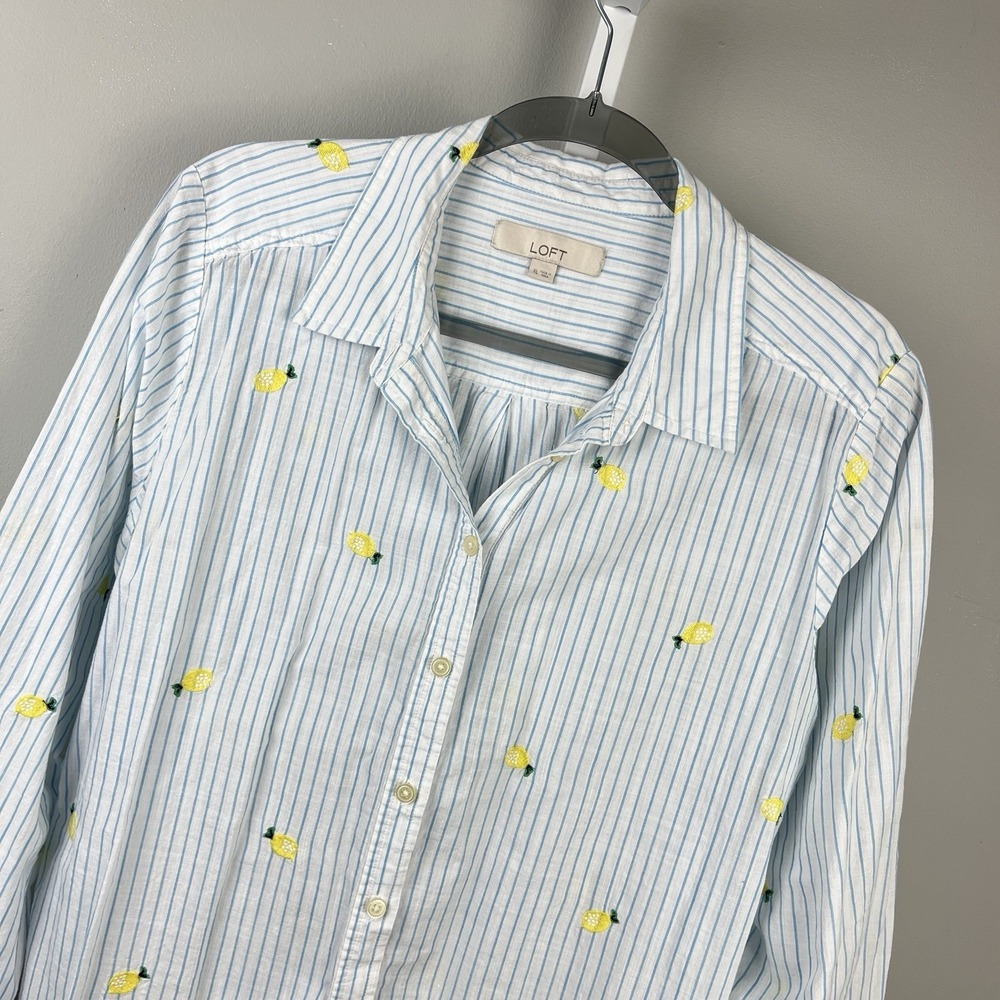 Ann Taylor LOFT Shirt Womens XL Embroidered Lemon Blue White Stripe Button Up
